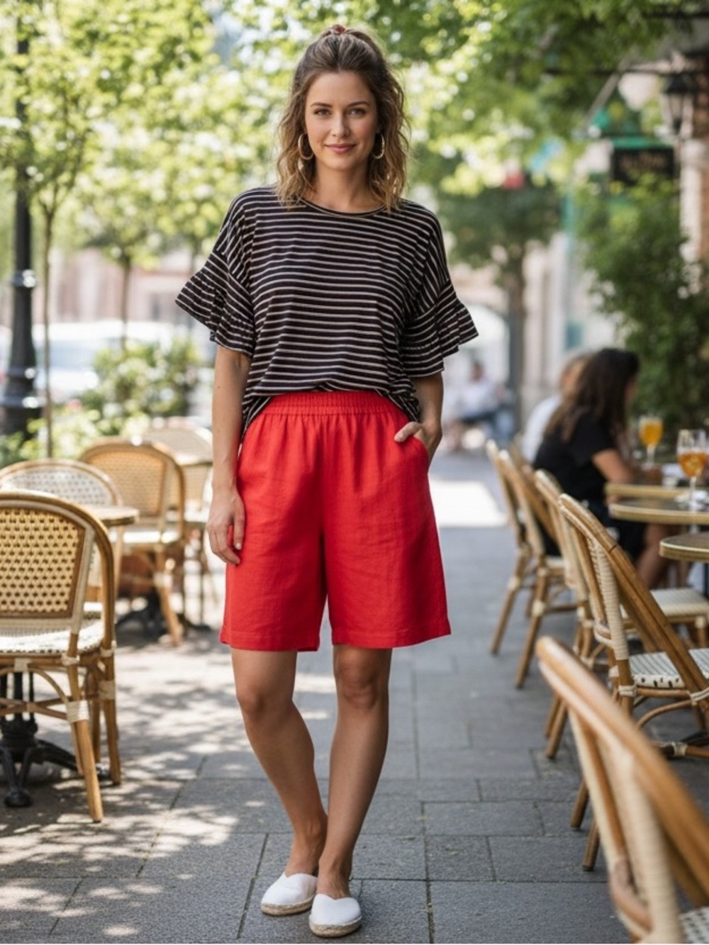 bobeau Patriotic Red White & Blue Ruffle Short Sleeve Top